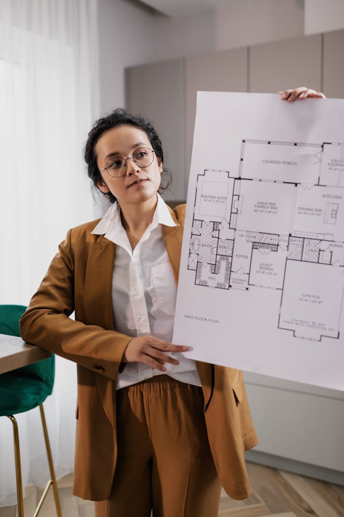 services-05 A realtor in business attire holds a detailed floor plan inside a modern office.
